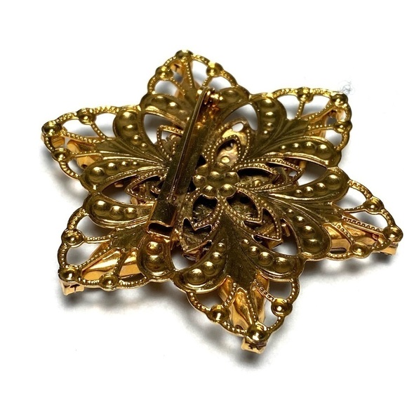 Vintage Brooch Pin Star Crystals Rhinestones Amber Pink Yellow Gold Tone - Picture 5 of 9